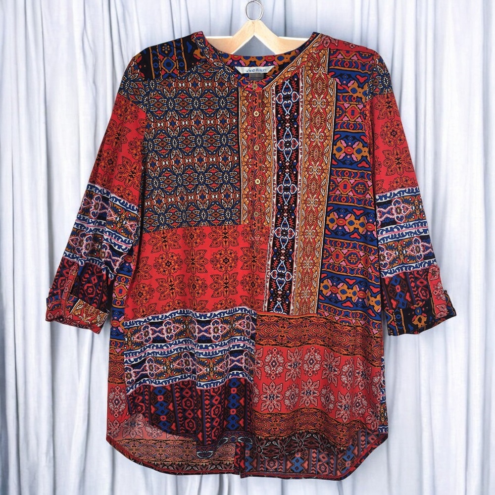 Nygard Tunic Blouse Women Petit Large Patchwork Print Boho Peasant Ethnic Artsy